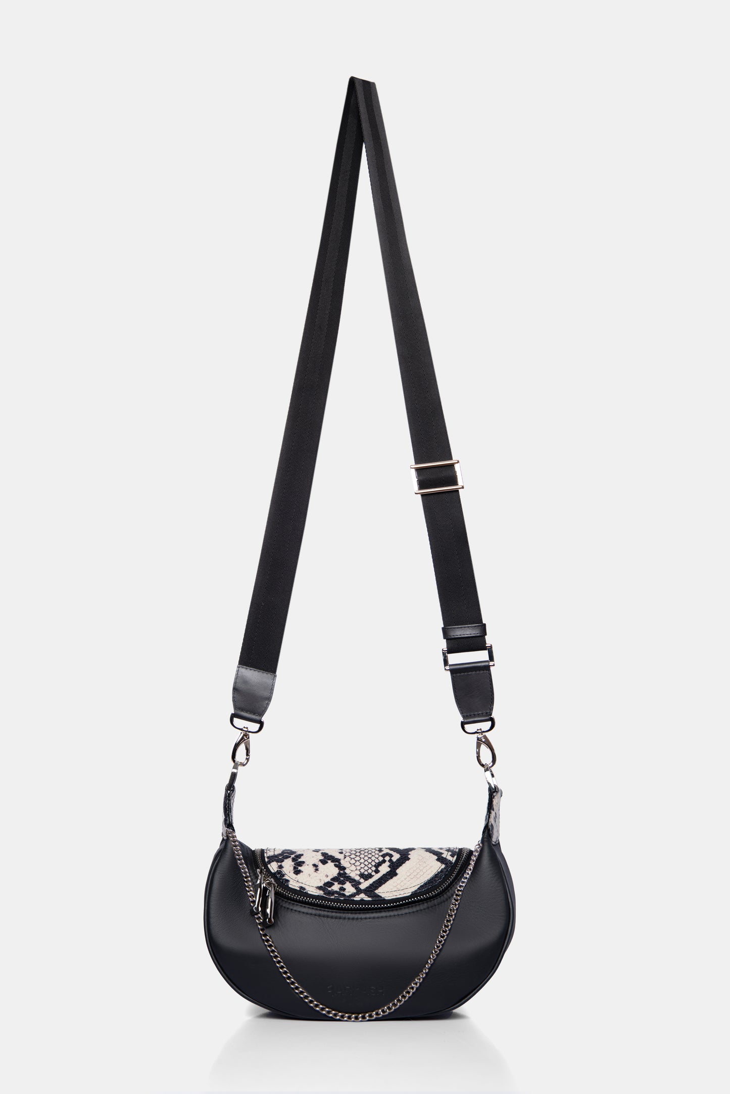 Bolso Carriel de cuero negro con estampado pitón correa larga ajustable FARKASH 