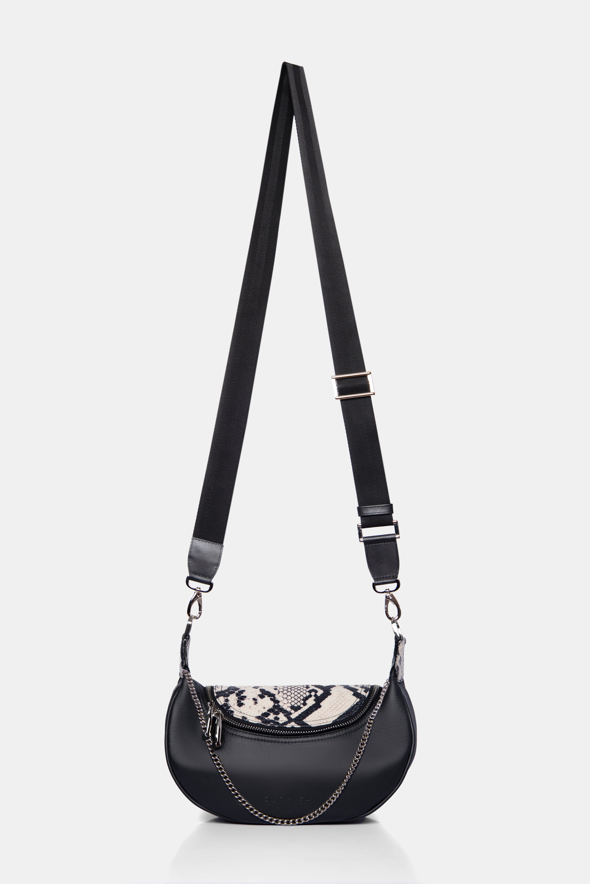 Bolso Carriel de cuero negro con estampado pitón correa larga ajustable FARKASH 