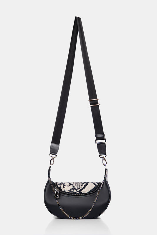 Bolso Carriel de cuero negro con estampado pitón correa larga ajustable FARKASH 