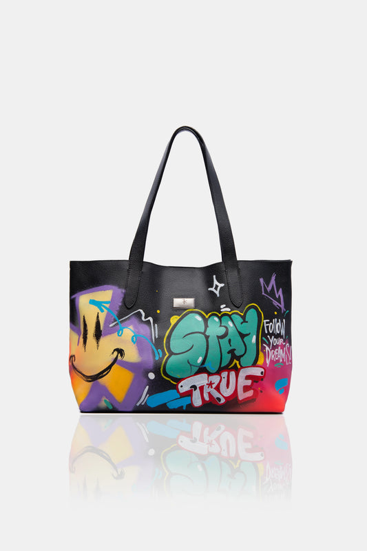 Bolso grande de cuero FARKASH pintado a mano con diseño graffiti